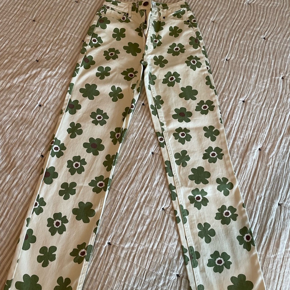 RSQ Cream and Green Floral jeans - like new